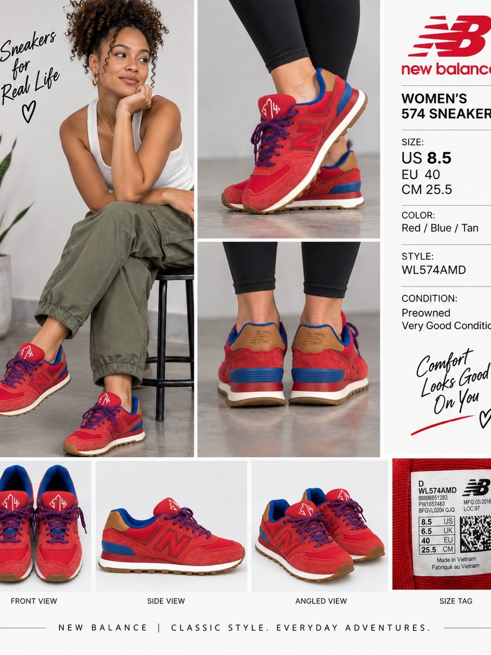 New Balance 574 WL574AMD Women's Sneakers 8.5 Crimson Red Collegiate Pack Shoes